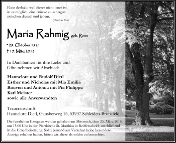 Anzeige von Maria Rahmig von Kölner Stadt-Anzeiger / Kölnische Rundschau / Express