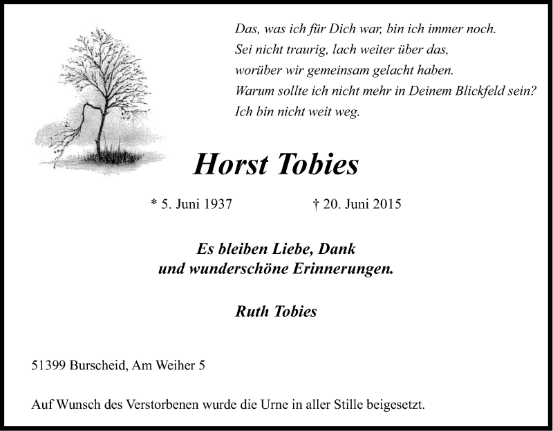  Traueranzeige für Horst Tobies vom 04.07.2015 aus Kölner Stadt-Anzeiger / Kölnische Rundschau / Express