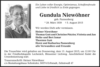 Anzeige von Gundula Niewöhner von Kölner Stadt-Anzeiger / Kölnische Rundschau / Express