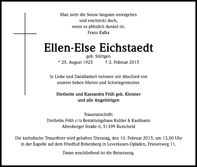  Traueranzeige für Ellen-Else Eichstaedt vom 07.02.2015 aus Kölner Stadt-Anzeiger / Kölnische Rundschau / Express