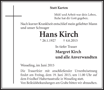 Anzeige von Hans Kirch von  Schlossbote/Werbekurier 