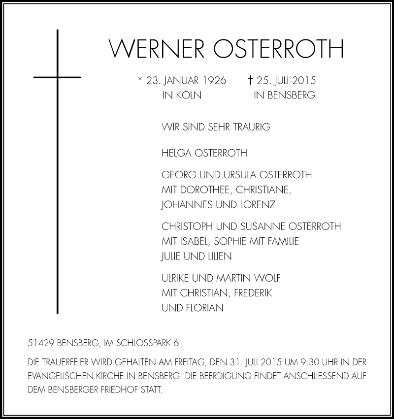  Traueranzeige für Werner Osterroth vom 29.07.2015 aus Kölner Stadt-Anzeiger / Kölnische Rundschau / Express