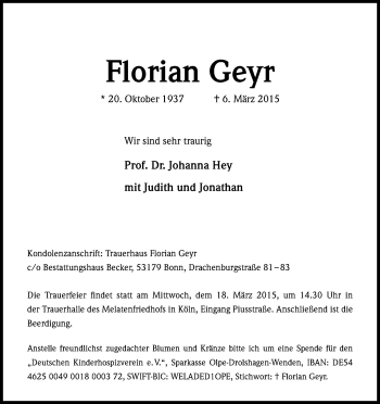 Anzeige von Florian Geyr von Kölner Stadt-Anzeiger / Kölnische Rundschau / Express