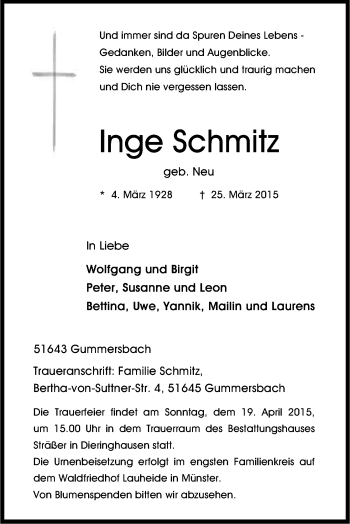 Anzeige von Inge Schmitz von Kölner Stadt-Anzeiger / Kölnische Rundschau / Express