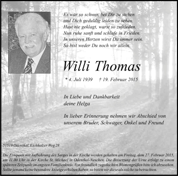 Anzeige von Willi Thomas von Kölner Stadt-Anzeiger / Kölnische Rundschau / Express