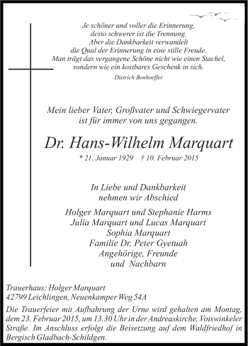 Anzeige von Hans-Wilhelm Marquart von Kölner Stadt-Anzeiger / Kölnische Rundschau / Express