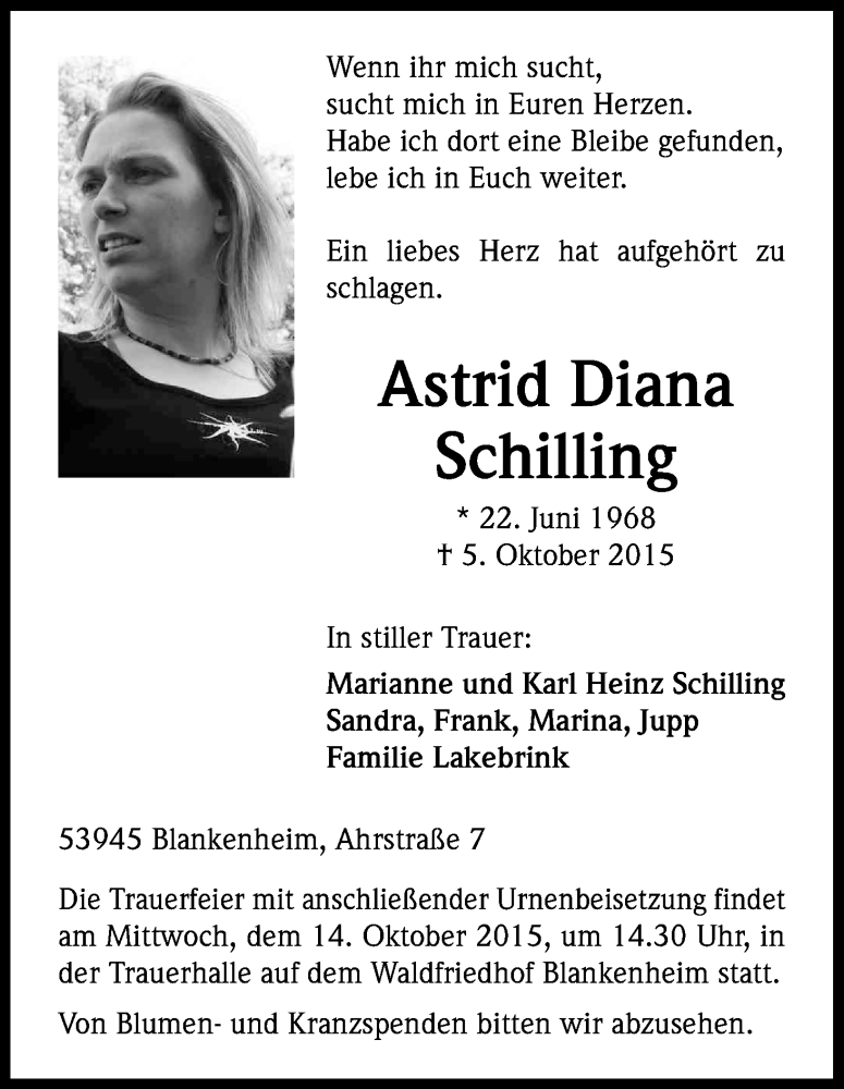 Traueranzeige für Astrid Diana Schilling vom 10.10.2015 aus Kölner Stadt-Anzeiger / Kölnische Rundschau / Express
