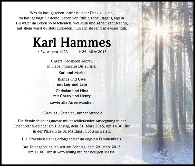  Traueranzeige für Karl Hammes vom 28.03.2015 aus Kölner Stadt-Anzeiger / Kölnische Rundschau / Express
