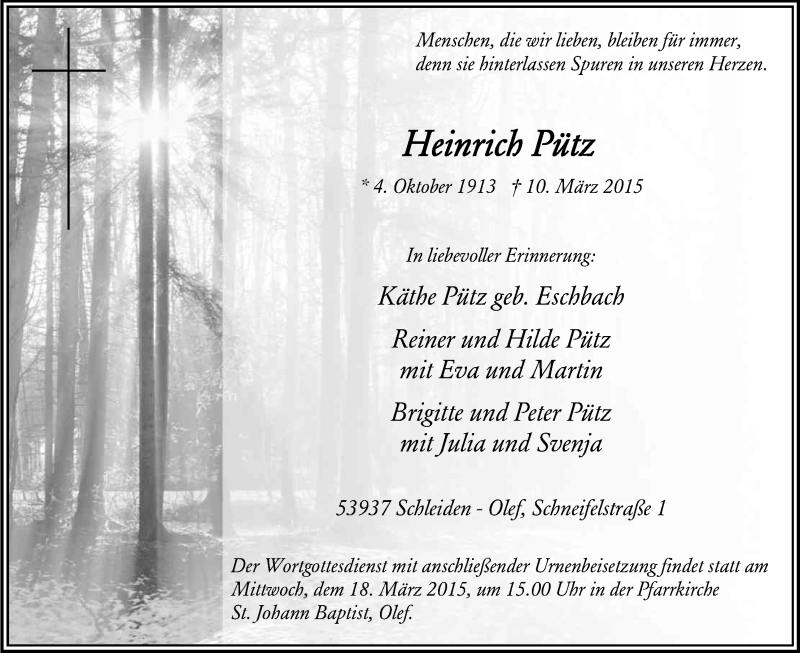  Traueranzeige für Heinrich Putz vom 14.03.2015 aus Kölner Stadt-Anzeiger / Kölnische Rundschau / Express