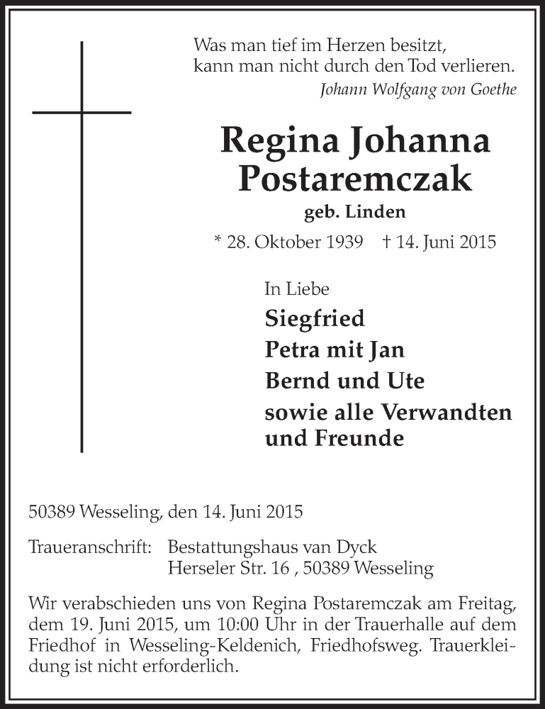  Traueranzeige für Regina Johanna Postaremczak vom 17.06.2015 aus  Schlossbote/Werbekurier 