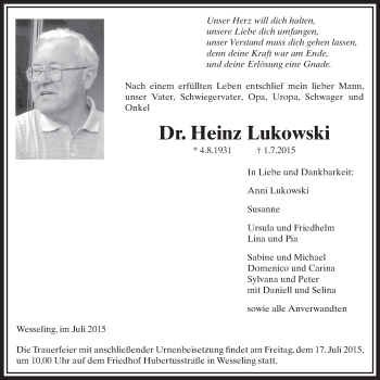 Anzeige von Heinz Lukowski von  Schlossbote/Werbekurier 