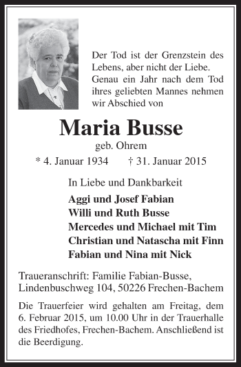 Anzeige von Maria Busse von  Wochenende 