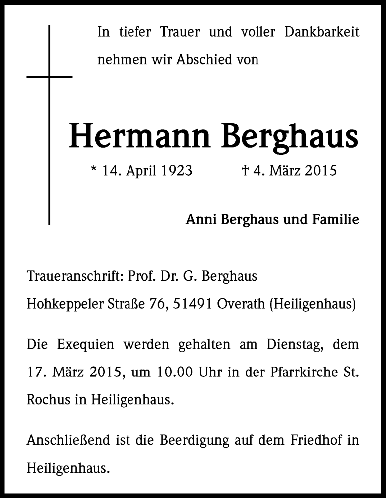  Traueranzeige für Hermann Berghaus vom 11.03.2015 aus Kölner Stadt-Anzeiger / Kölnische Rundschau / Express