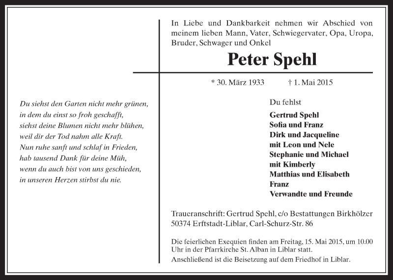  Traueranzeige für Peter Spehl vom 13.05.2015 aus  Werbepost 