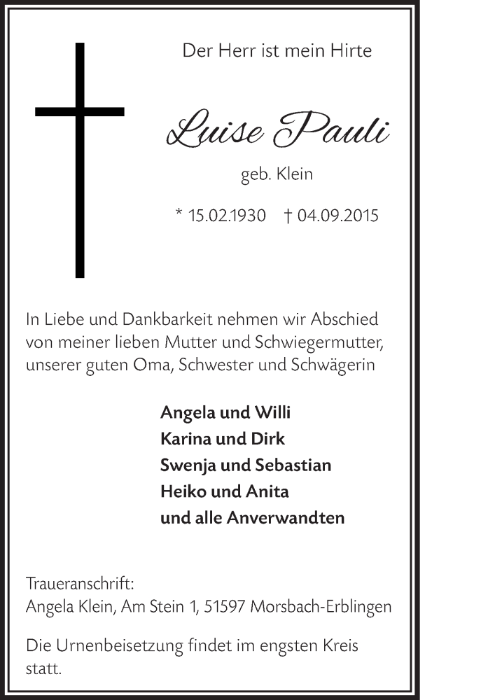  Traueranzeige für Luise Pauli vom 09.09.2015 aus  Westerwald Rundschau 