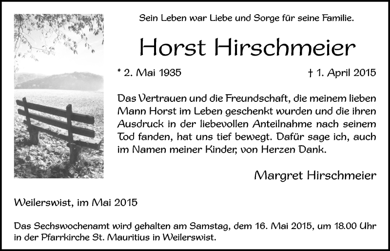  Traueranzeige für Horst Hirschmeier vom 10.05.2015 aus  Blickpunkt Euskirchen 