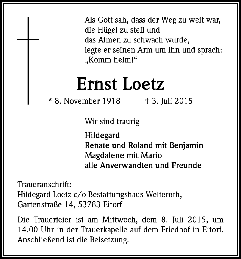  Traueranzeige für Ernst Loetz vom 06.07.2015 aus Kölner Stadt-Anzeiger / Kölnische Rundschau / Express