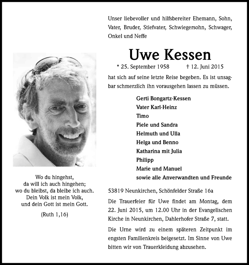  Traueranzeige für Uwe Kessen vom 17.06.2015 aus Kölner Stadt-Anzeiger / Kölnische Rundschau / Express