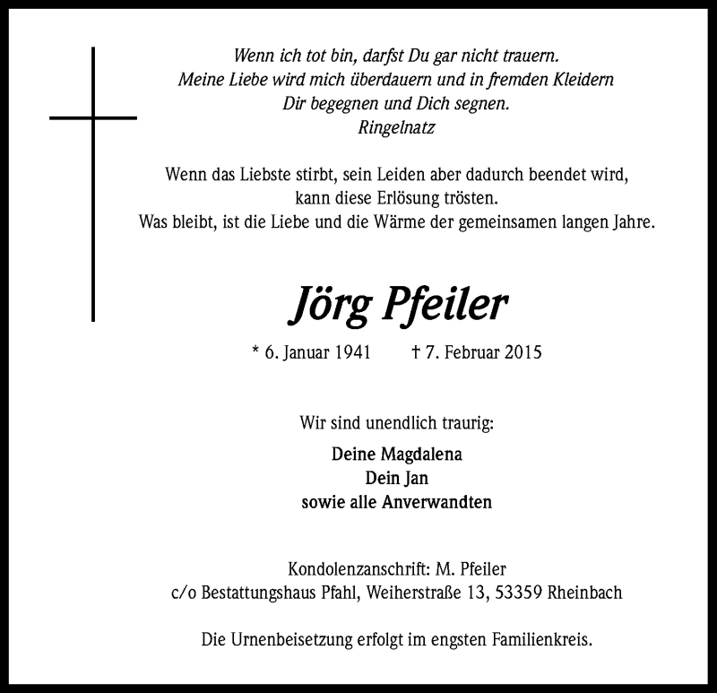  Traueranzeige für Jörg Pfeiler vom 14.02.2015 aus Kölner Stadt-Anzeiger / Kölnische Rundschau / Express