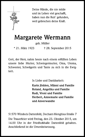 Anzeige von Margarete Wermann von Kölner Stadt-Anzeiger / Kölnische Rundschau / Express