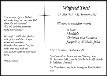 Anzeige von Wilfried Thiel von Kölner Stadt-Anzeiger / Kölnische Rundschau / Express