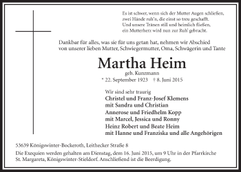 Anzeige von Martha Heim von  Schlossbote/Werbekurier 