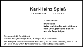Anzeige von Karl-Heinz Spieß von Kölner Stadt-Anzeiger / Kölnische Rundschau / Express