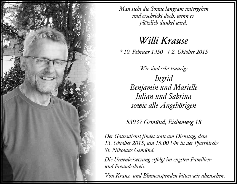  Traueranzeige für Willi Krause vom 07.10.2015 aus Kölner Stadt-Anzeiger / Kölnische Rundschau / Express