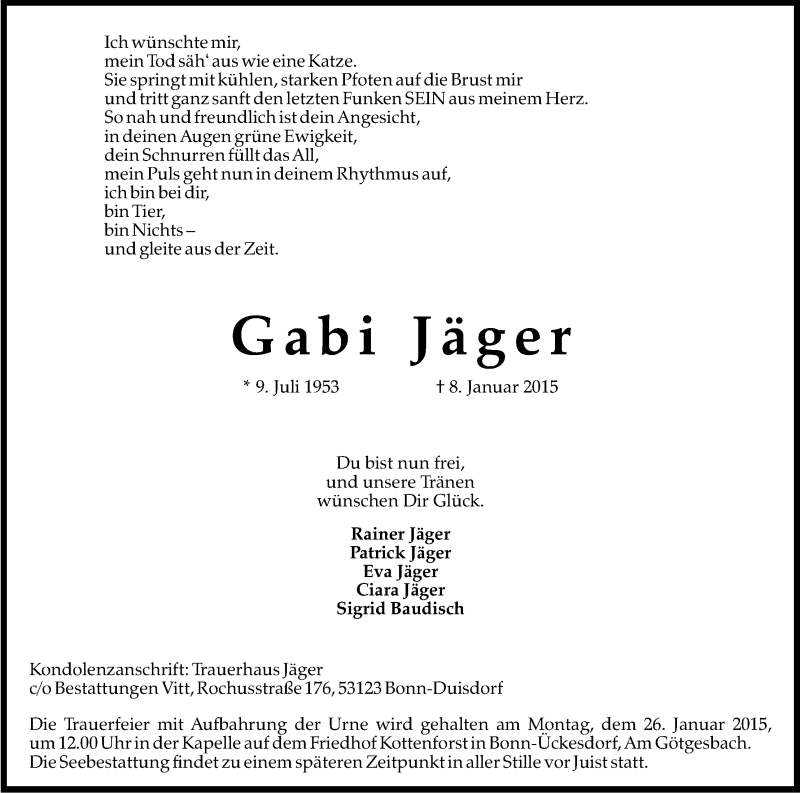  Traueranzeige für Gabi Jäger vom 21.01.2015 aus Kölner Stadt-Anzeiger / Kölnische Rundschau / Express