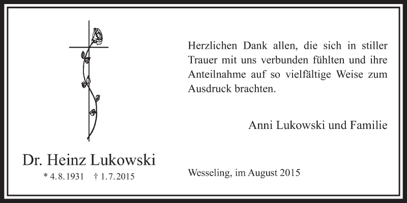  Traueranzeige für Heinz Lukowski vom 26.08.2015 aus  Schlossbote/Werbekurier 