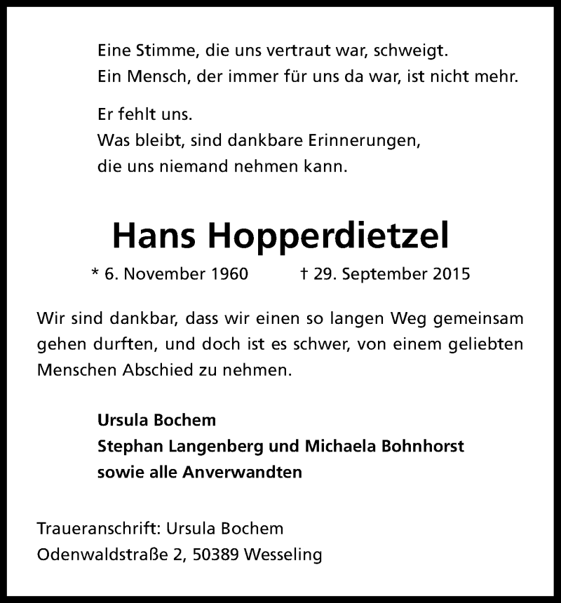  Traueranzeige für Hans Hopperdietzel vom 22.10.2015 aus Kölner Stadt-Anzeiger / Kölnische Rundschau / Express