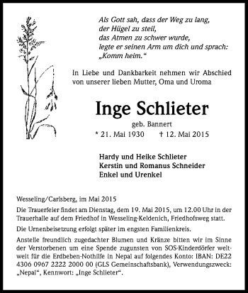 Anzeige von Inge Schlieter von Kölner Stadt-Anzeiger / Kölnische Rundschau / Express