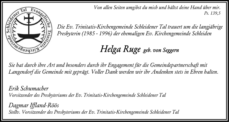  Traueranzeige für Helga Ruge vom 21.11.2015 aus Kölner Stadt-Anzeiger / Kölnische Rundschau / Express