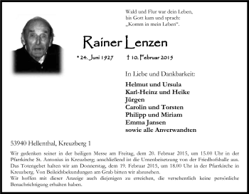 Anzeige von Rainer Lenzen von Kölner Stadt-Anzeiger / Kölnische Rundschau / Express
