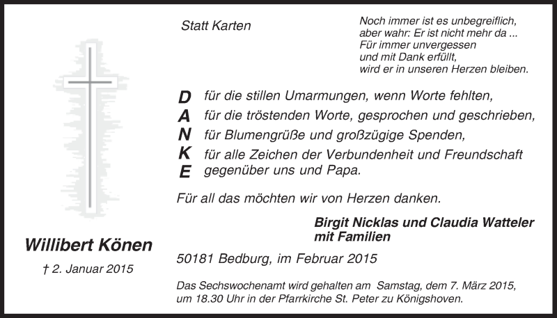  Traueranzeige für Willibert Könen vom 25.02.2015 aus  Werbepost 