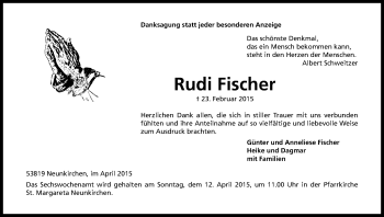 Anzeige von Rudi Fischer von Kölner Stadt-Anzeiger / Kölnische Rundschau / Express