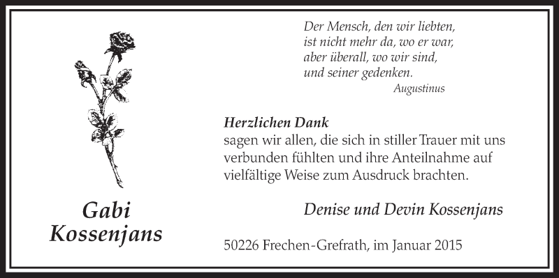  Traueranzeige für Gabi Kossenjans vom 24.01.2015 aus  Sonntags-Post 