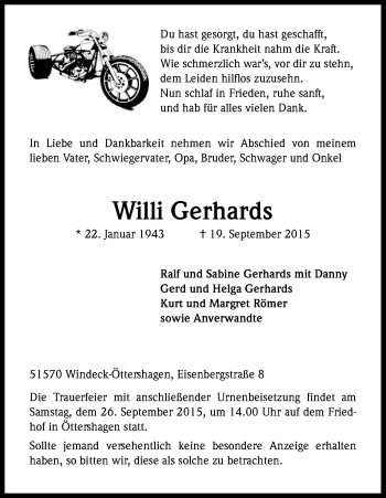 Anzeige von Willi Gerhards von Kölner Stadt-Anzeiger / Kölnische Rundschau / Express