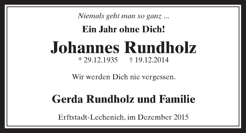  Traueranzeige für Johannes Rundholz vom 16.12.2015 aus  Werbepost 