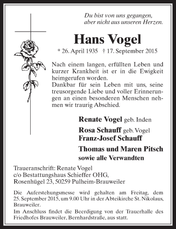 Anzeige von Hans Vogel von  Wochenende 