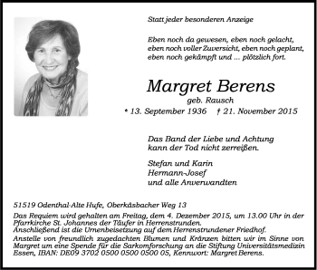Anzeige von Margret Berens von Kölner Stadt-Anzeiger / Kölnische Rundschau / Express