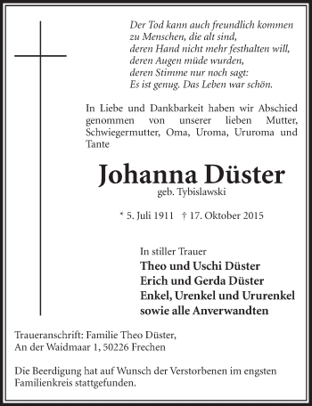Anzeige von Johanna Düster von  Sonntags-Post 