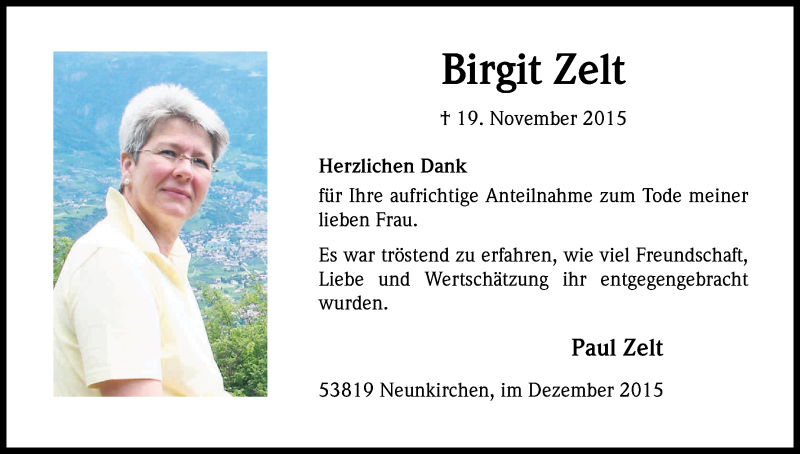  Traueranzeige für Birgit Zelt vom 10.12.2015 aus Kölner Stadt-Anzeiger / Kölnische Rundschau / Express
