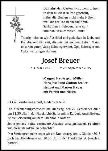 Anzeige von Josef Breuer von Kölner Stadt-Anzeiger / Kölnische Rundschau / Express