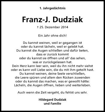 Anzeige von Franz Dudziak von Kölner Stadt-Anzeiger / Kölnische Rundschau / Express