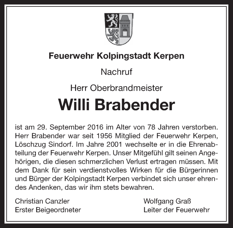  Traueranzeige für Willi Brabender vom 19.10.2016 aus  Werbepost 