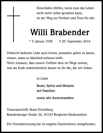 Anzeige von Willi Bratender von Kölner Stadt-Anzeiger / Kölnische Rundschau / Express