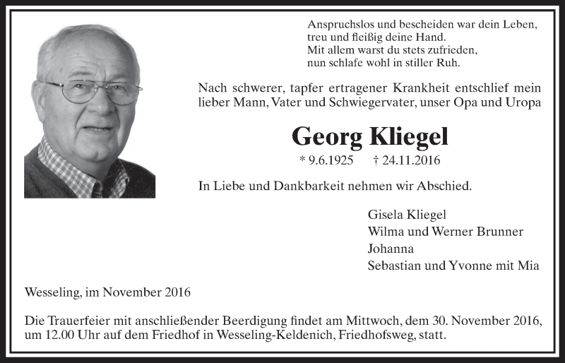  Traueranzeige für Georg Kliegel vom 30.11.2016 aus  Schlossbote/Werbekurier 