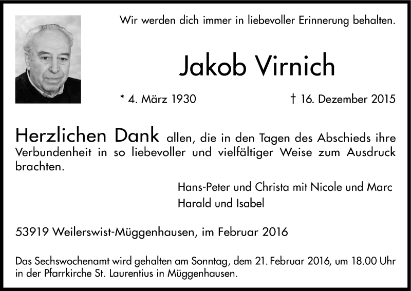  Traueranzeige für Jakob Virnich vom 13.02.2016 aus Kölner Stadt-Anzeiger / Kölnische Rundschau / Express