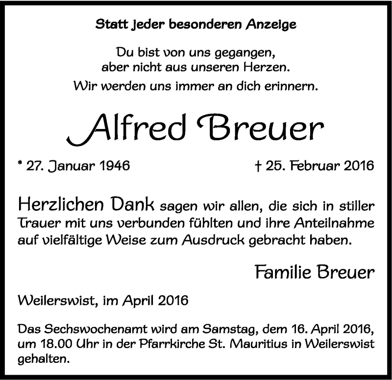  Traueranzeige für Alfred Breuer vom 09.04.2016 aus Kölner Stadt-Anzeiger / Kölnische Rundschau / Express